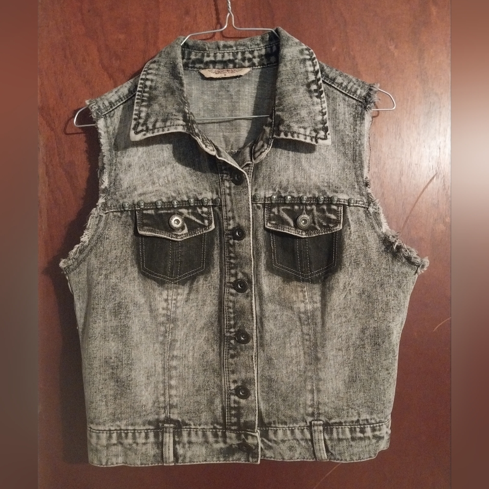 Acid Wash Sleeveless Denim Jacket Vest - Gray